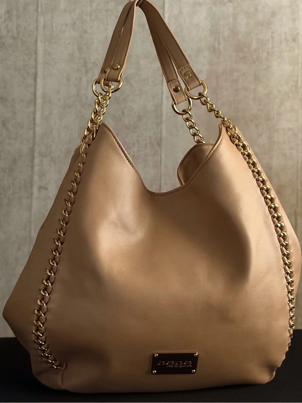 Bebe Colette Triple Entry Beige Hobo Shoulder Bag Gold Chain Accents Purse Tote